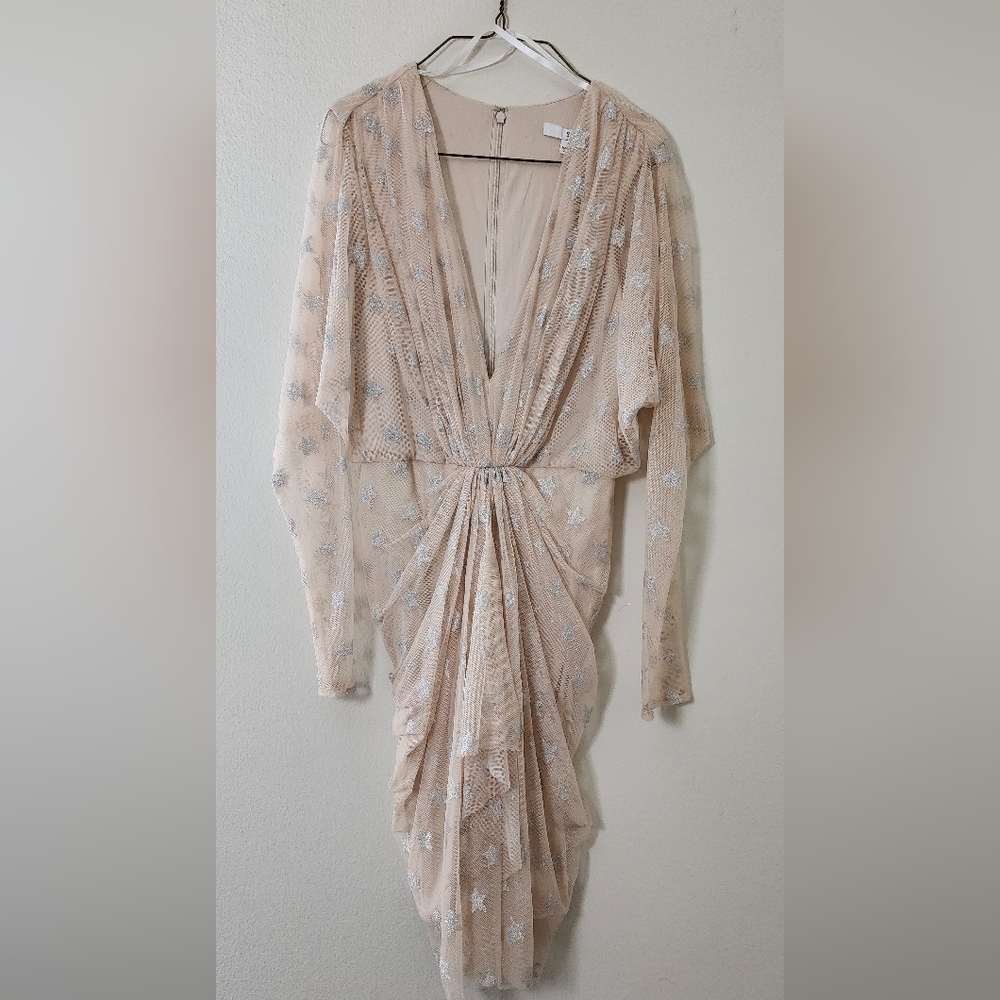 Sho Cream Plunge Neck Ruched Midi Gown